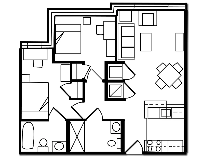 Modern floor plan showcasing 2 bedrooms, open living and dining area, and a sleek kitchen, designed for stylish living.