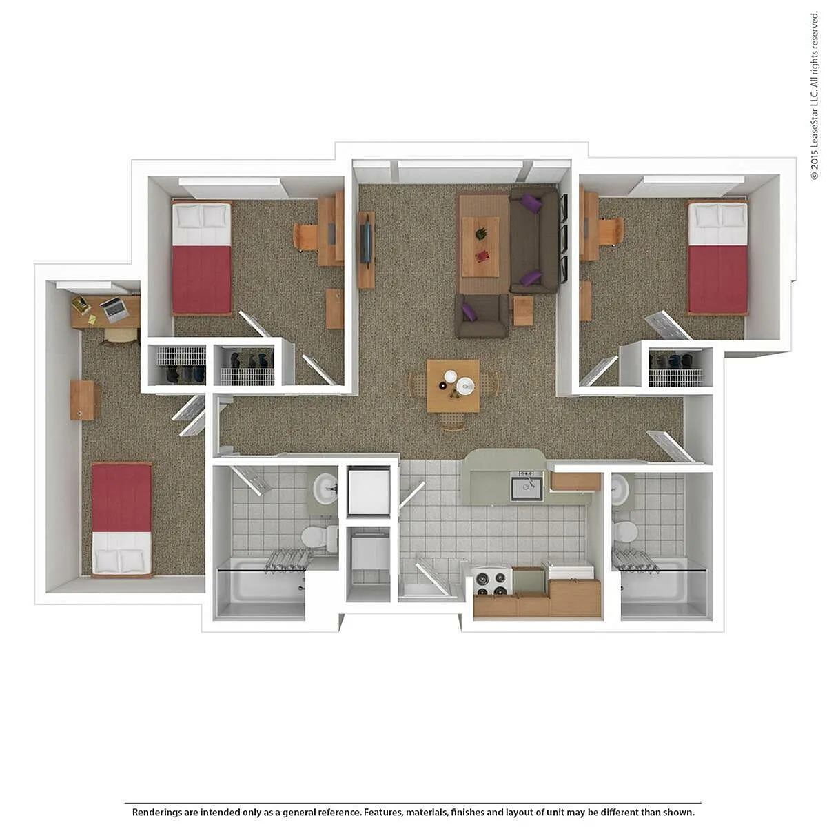Inviting floor plan featuring three bedrooms, a cozy living area, two bathrooms, and a modern kitchen with dining space.