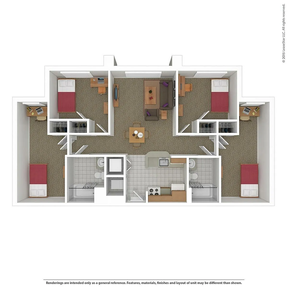 Charming 3D floor plan showcasing 2 bedrooms, a cozy living area, modern kitchen, and dual bathrooms. Ideal open layout for comfortable living.