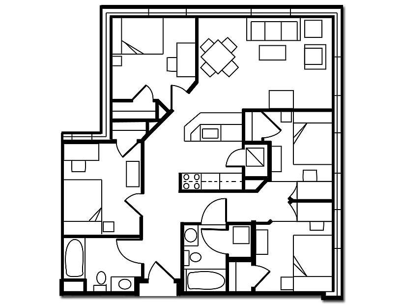 Contemporary 2D floor plan showcasing a spacious layout with 3 bedrooms, a modern kitchen, and an inviting living area, perfect for stylish living.