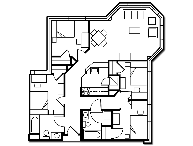 Elegant floor plan showcasing 3 spacious bedrooms, 2 modern bathrooms, and an open living area with a corner lounge and dining space.