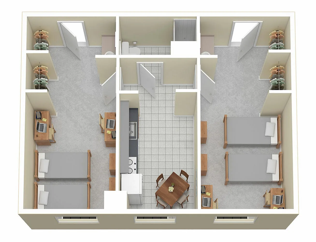 Inviting floor plan showcasing two bedrooms with workspaces, a cozy dining area, and a modern kitchen.