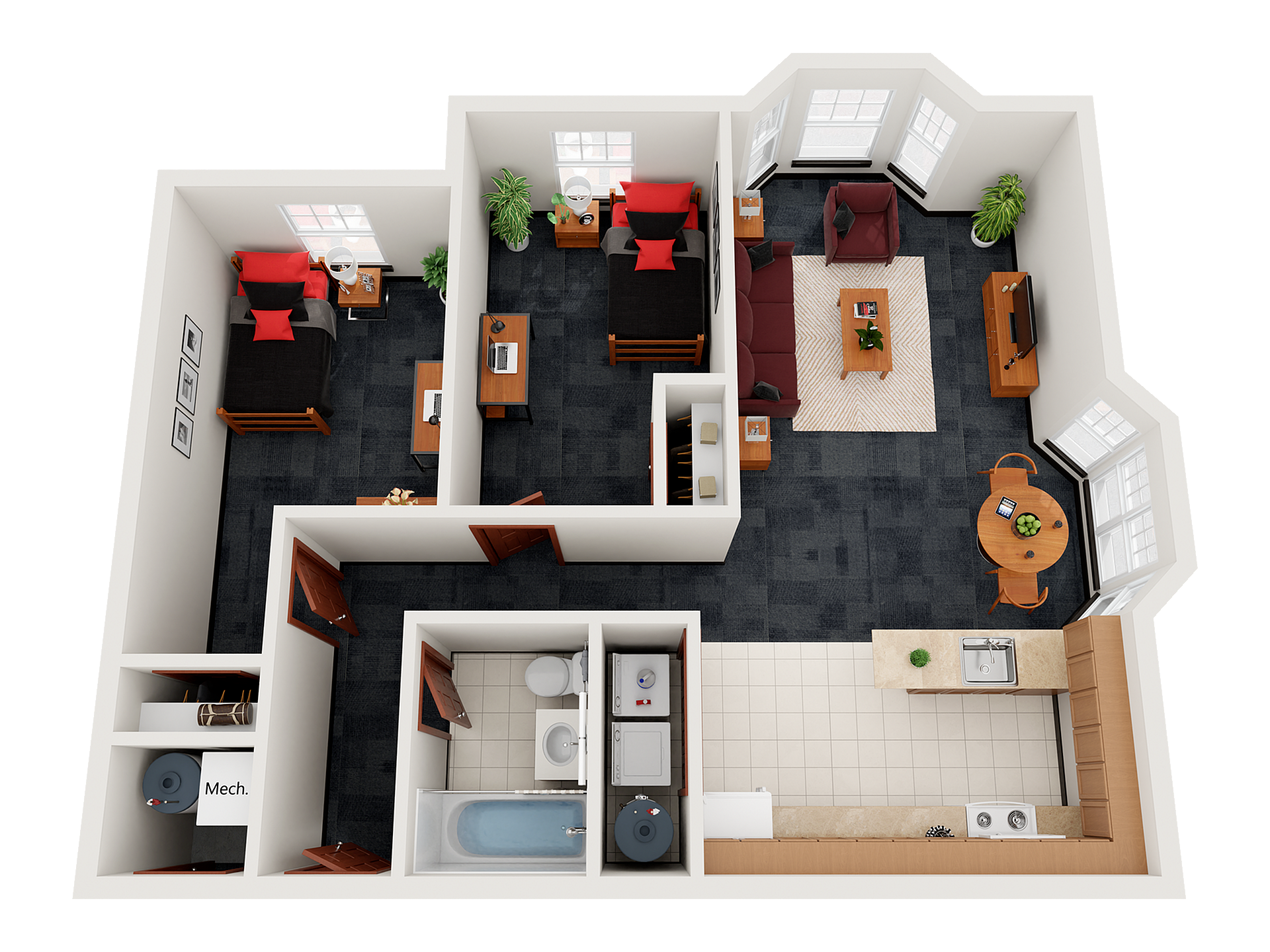 Modern 2D floor plan with 2 cozy bedrooms, inviting living area, sleek kitchen, and dining space, enhanced by large windows and stylish decor.
