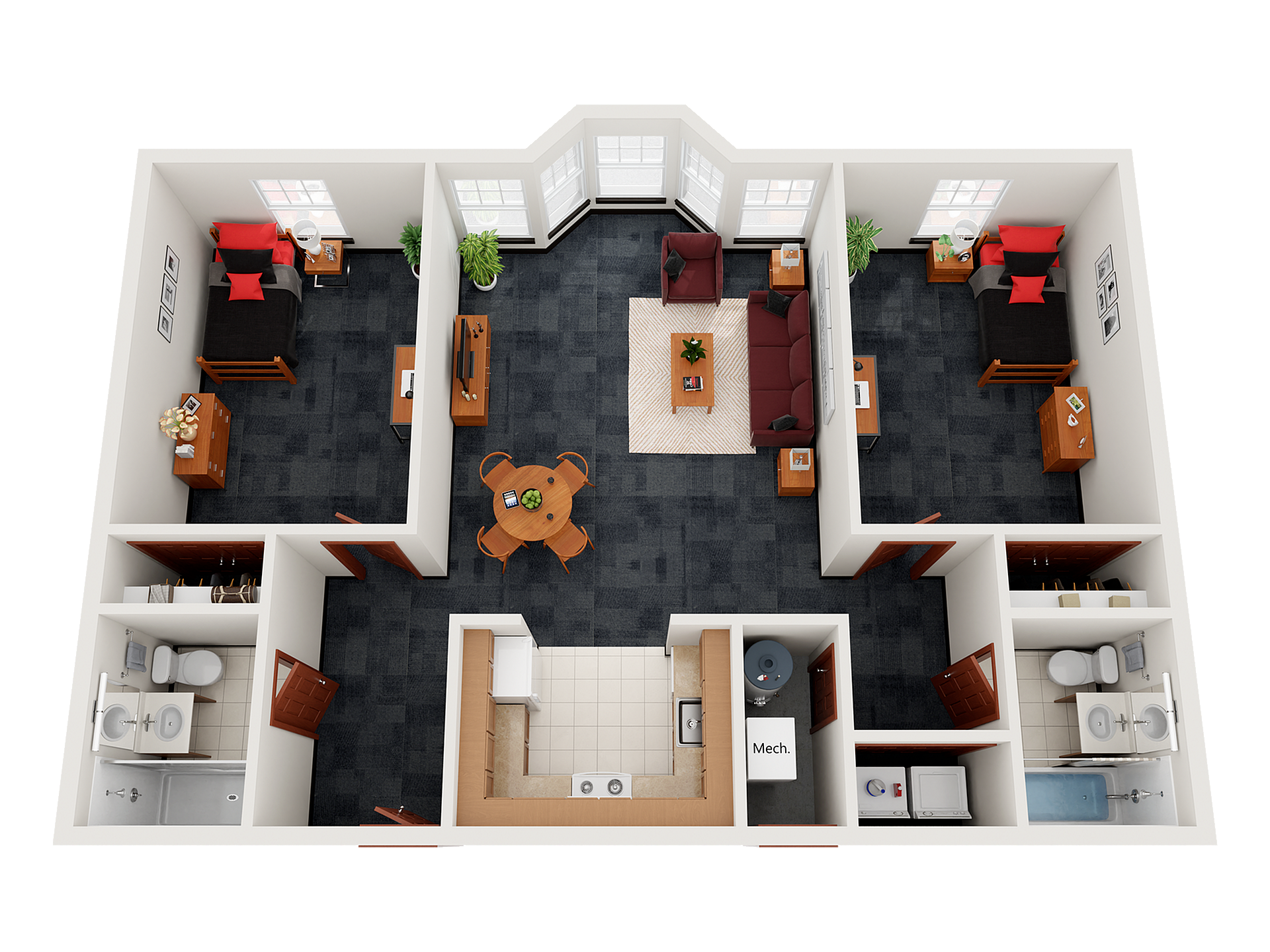 Modern 3D floor plan with two bedrooms, spacious living room, and contemporary kitchen. Includes two bathrooms and elegant dining area, enhanced by ample natural light through large windows.