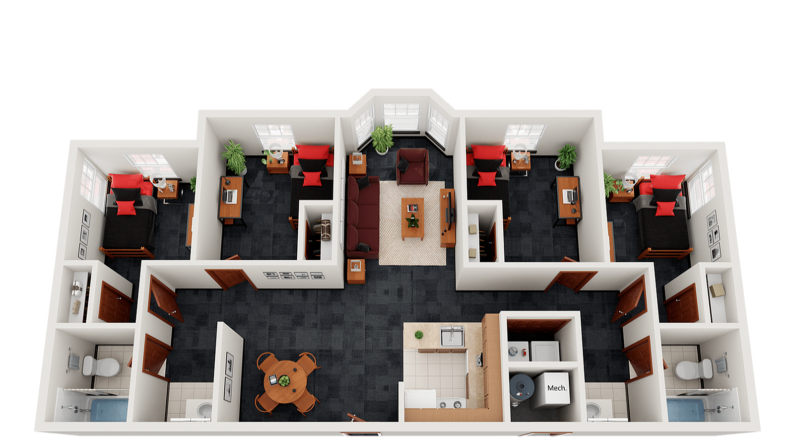 Modern 3D floor plan showcasing a spacious 3-bedroom apartment with a central living area, elegant kitchen, and cozy dining space.