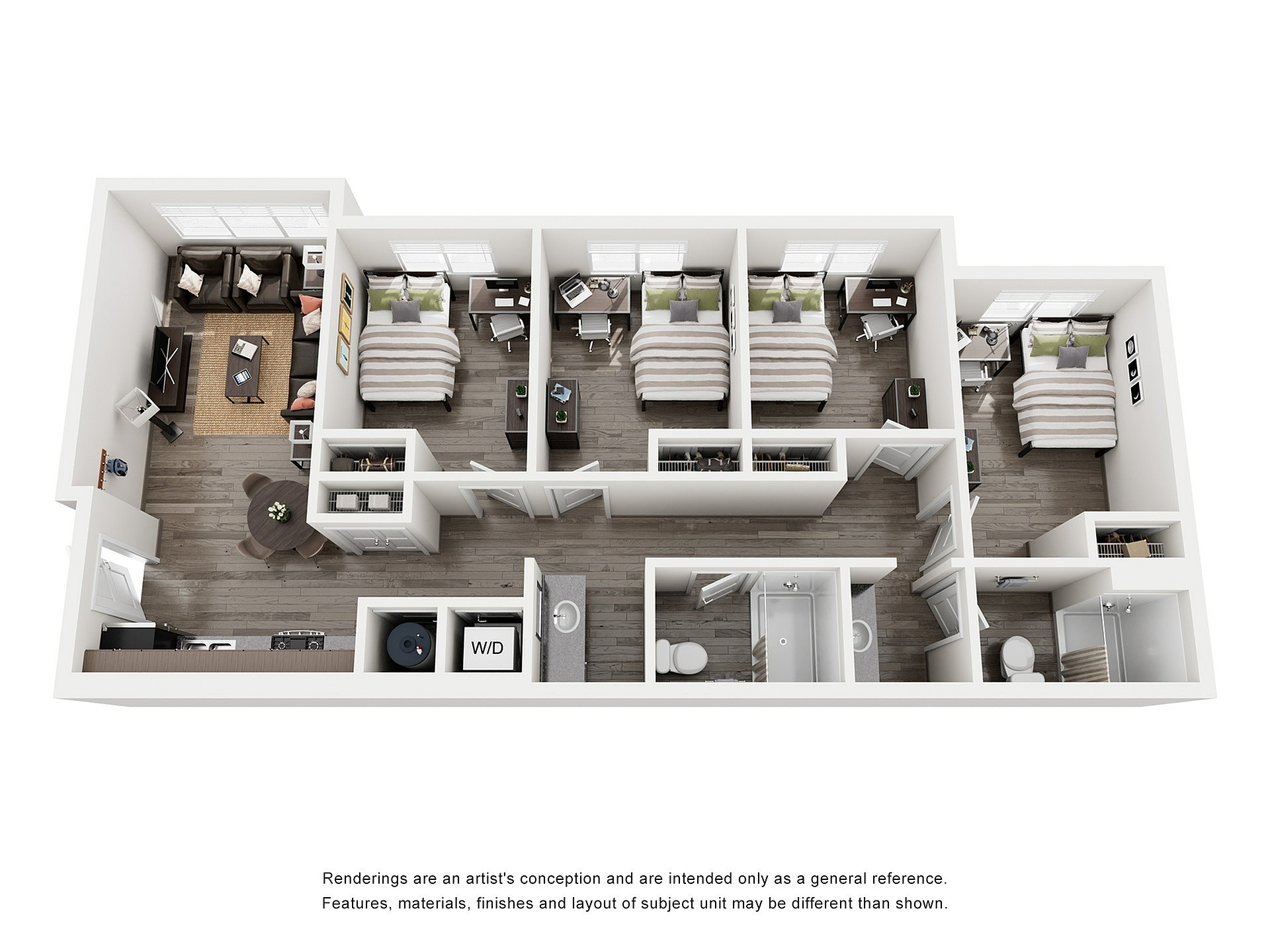 Modern 3D floor plan showcasing 3 cozy bedrooms, elegant living area, and contemporary kitchen with open dining space.