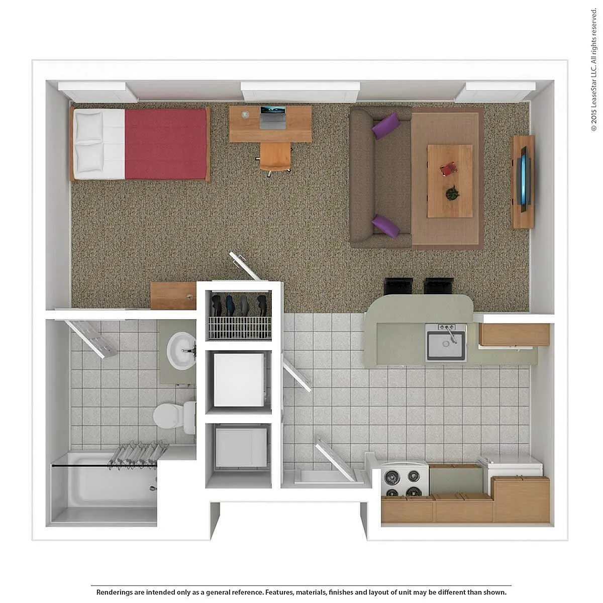Charming studio apartment floor plan featuring an inviting open living area, modern kitchenette, and cozy sleeping space. Ideal for efficient, contemporary living.