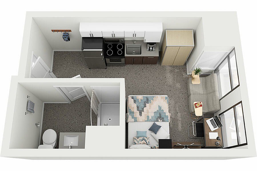 Modern studio apartment floor plan featuring an open living area with a sleek kitchen, cozy bed, and stylish workspace, complemented by a compact bathroom.