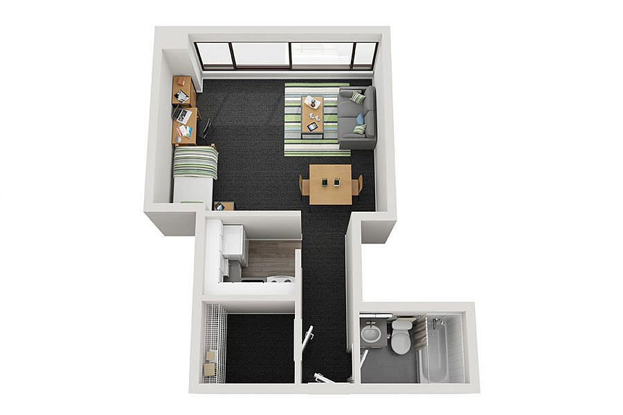 Modern 3D apartment layout showcasing a cozy bedroom, stylish living room, functional kitchen, and sleek bathroom.