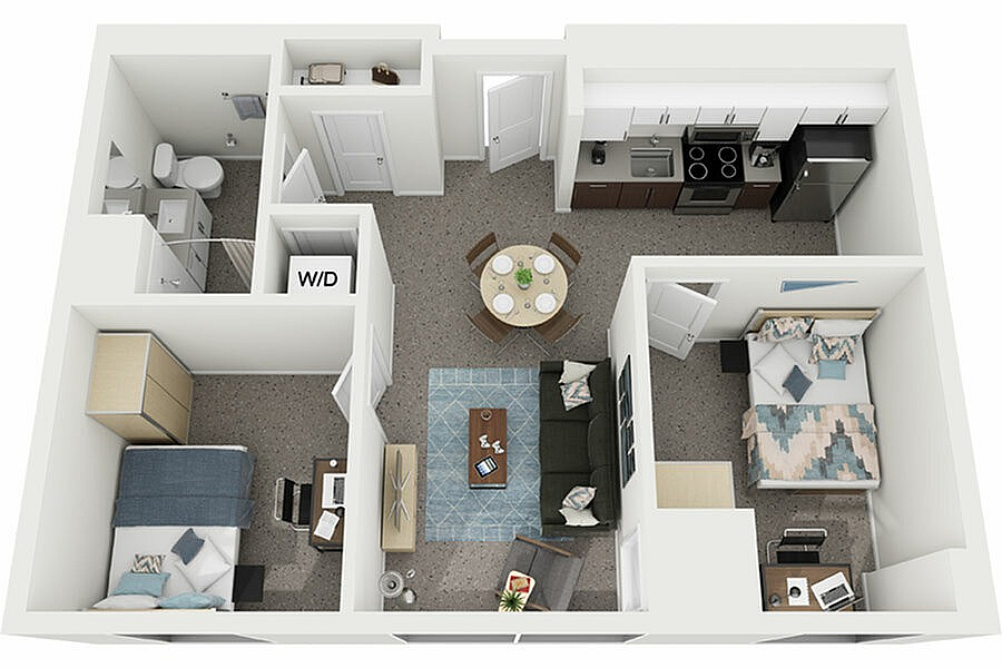 Modern 3D floor plan showcasing 2 bedrooms, a cozy living area, a stylish kitchen, and integrated dining space for contemporary living.