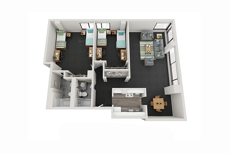 Modern 3D floor plan showcasing 3 bedrooms, open living room, and cozy dining area, perfect for family living.