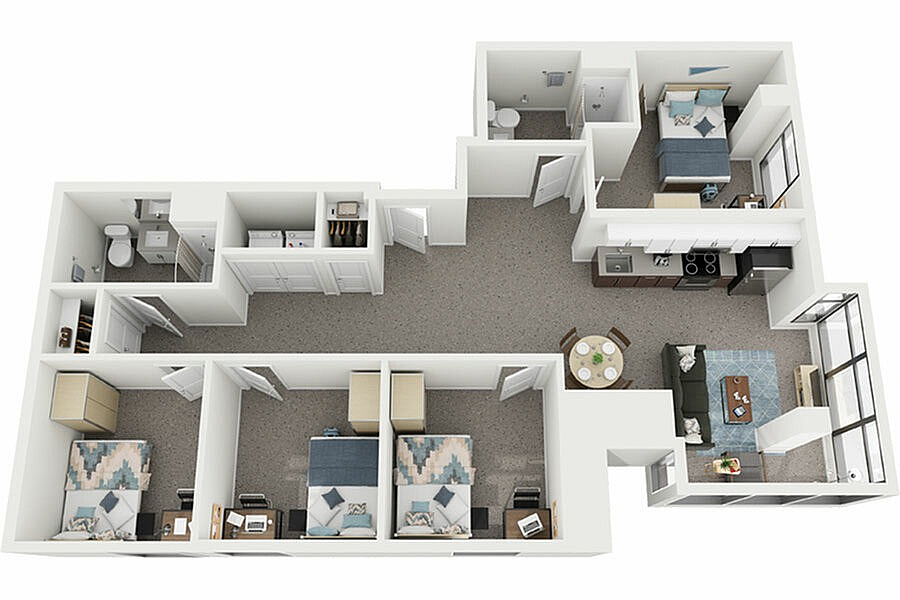 Modern 3D apartment floor plan with three spacious bedrooms, open-concept living and dining area, sleek kitchen, and stylish bathrooms. Bright and inviting design perfect for comfortable living.