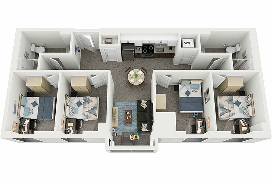 Modern 3-bedroom floor plan featuring an open-concept living area, stylish kitchen, and cozy furnishings.