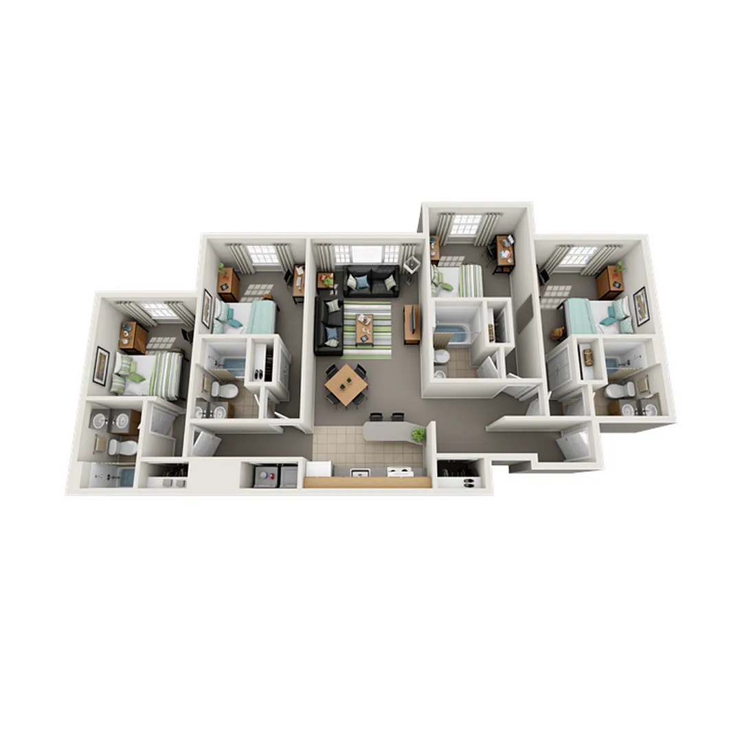 3D floor plan of a modern apartment with three bedrooms, open living area, and well-equipped kitchen.