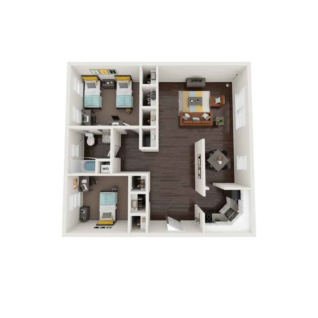 Elegant 3D floor plan displaying two bedrooms, a sophisticated living area, and a modern kitchen.