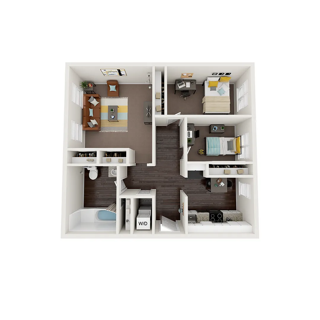 3D floor plan of a modern apartment featuring 2 bedrooms, a vibrant living room, and a fully-equipped kitchen.