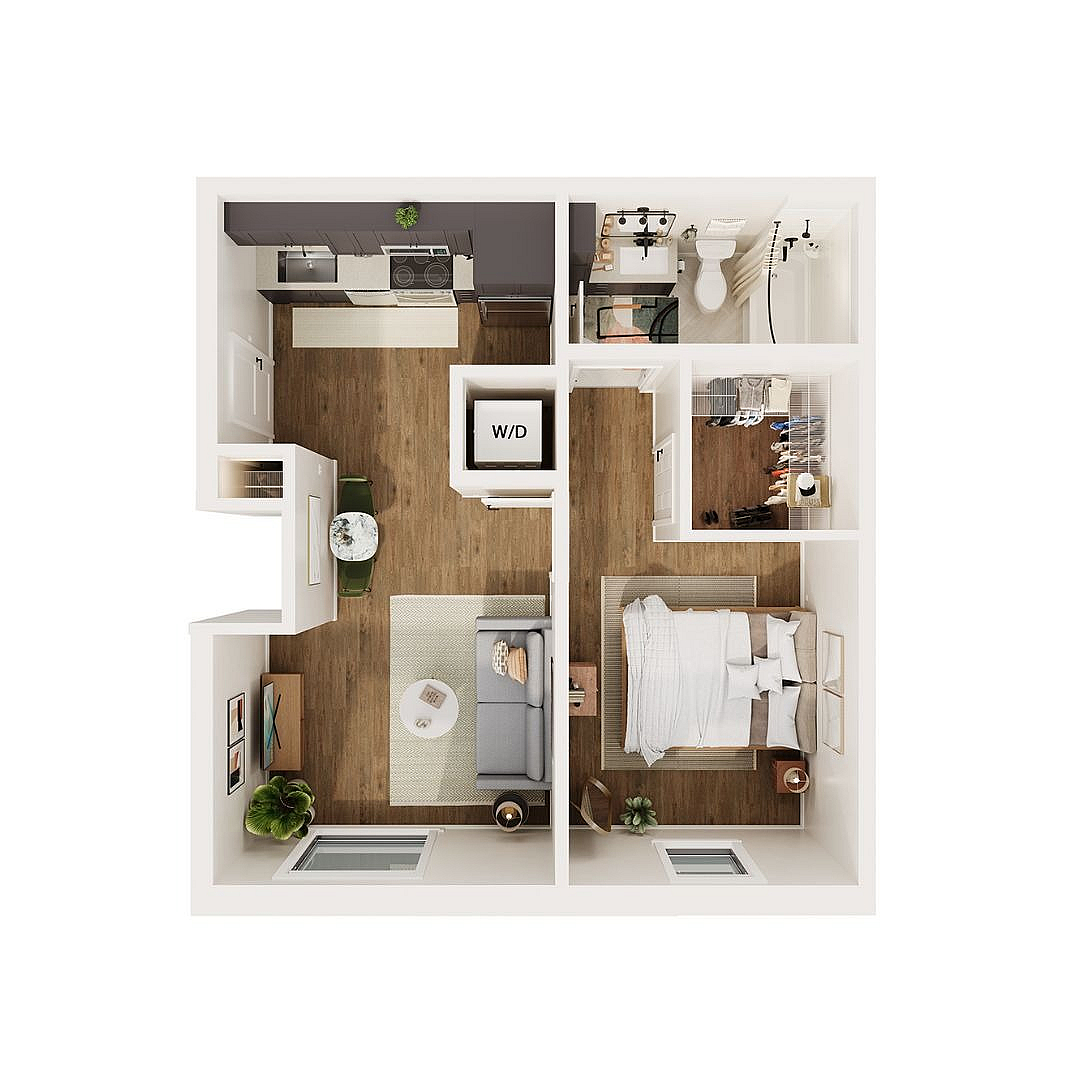 Modern 1-bedroom apartment floor plan with open-concept kitchen and living area, walk-in closet, and in-unit washer dryer.
