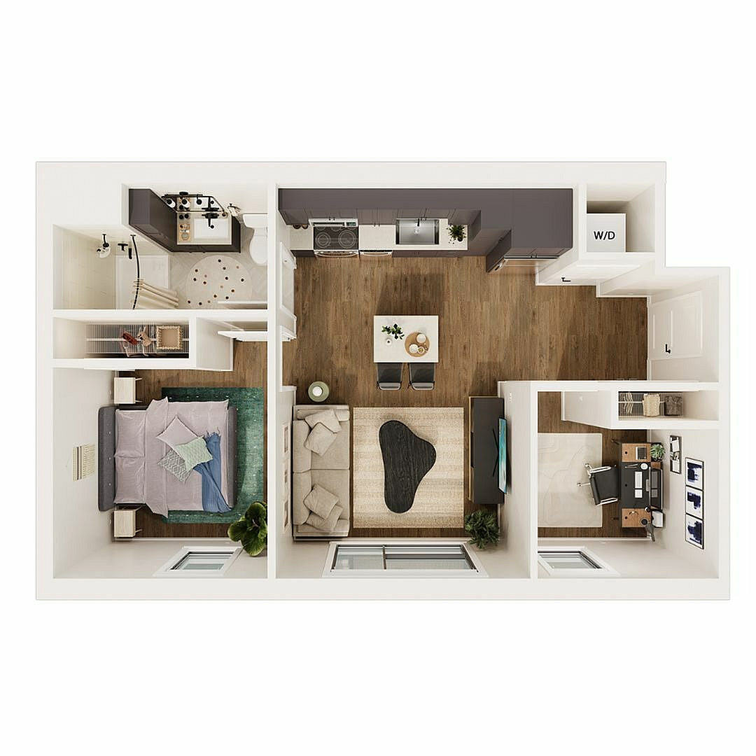 Modern 2D floor plan showcasing a stylish apartment with 1 bedroom, an open-concept living area, sleek kitchen, and dedicated office space.