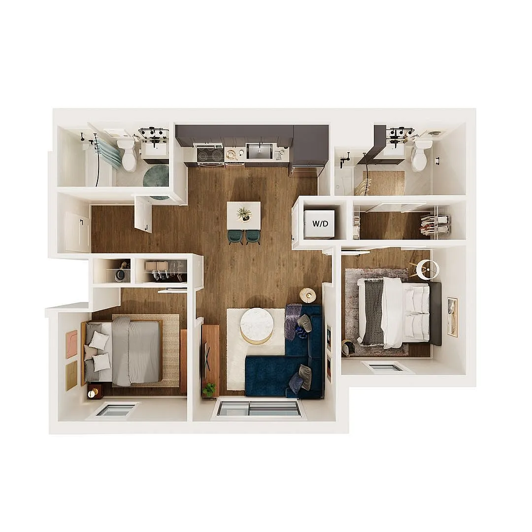 Modern 2D floor plan showcasing 2 bedrooms, an inviting living room, sleek kitchen, and cozy dining area with hardwood floors.