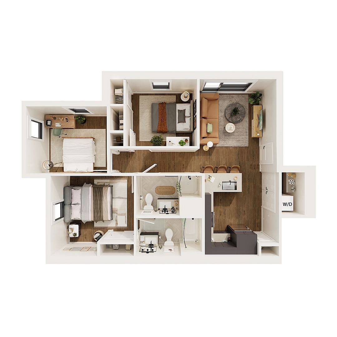 Modern floor plan showcasing 3 bedrooms, a cozy living room, sleek kitchen, and 2 bathrooms, perfect for stylish living.
