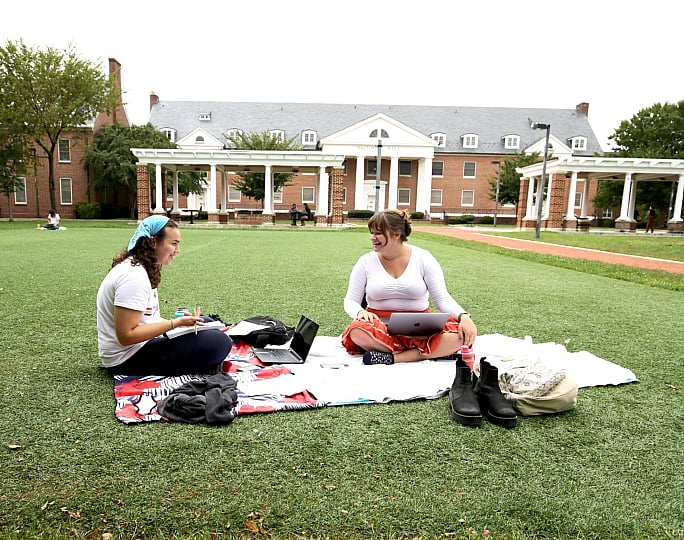 Students enjoying a study session outdoors on a vibrant college campus lawn.