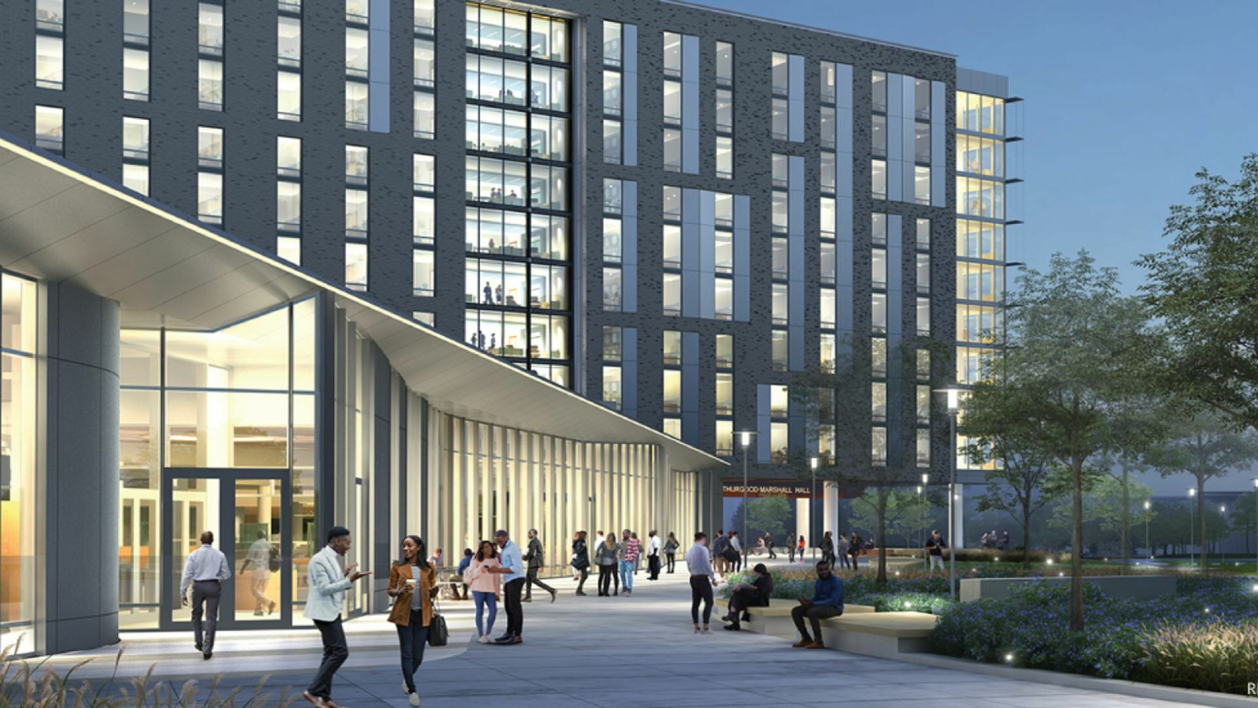 Contemporary apartment building with a vibrant community space and modern architecture.