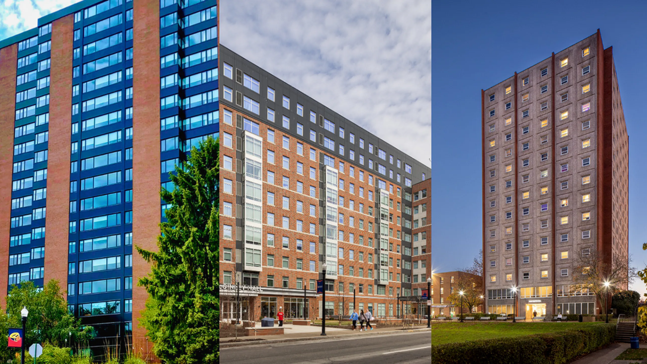 Modern urban apartment buildings showcasing sleek glass windows, vibrant brick exteriors, and inviting evening lighting.