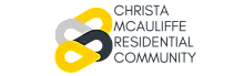 Modern logo of Christa McAuliffe Residential Community featuring intertwined abstract shapes in yellow, grey, and black.