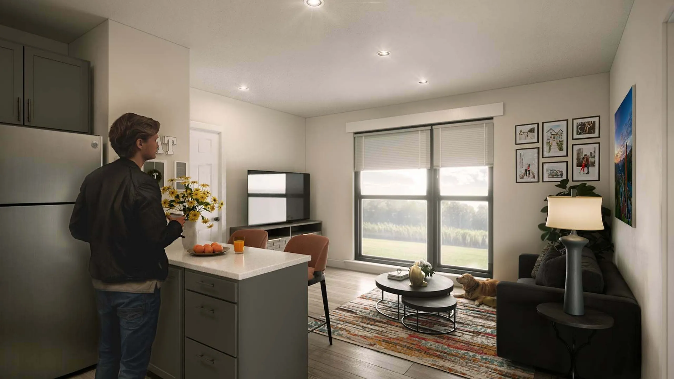 Modern apartment living room featuring cozy seating, stylish decor, and large windows with scenic view; perfect blend of comfort and elegance.