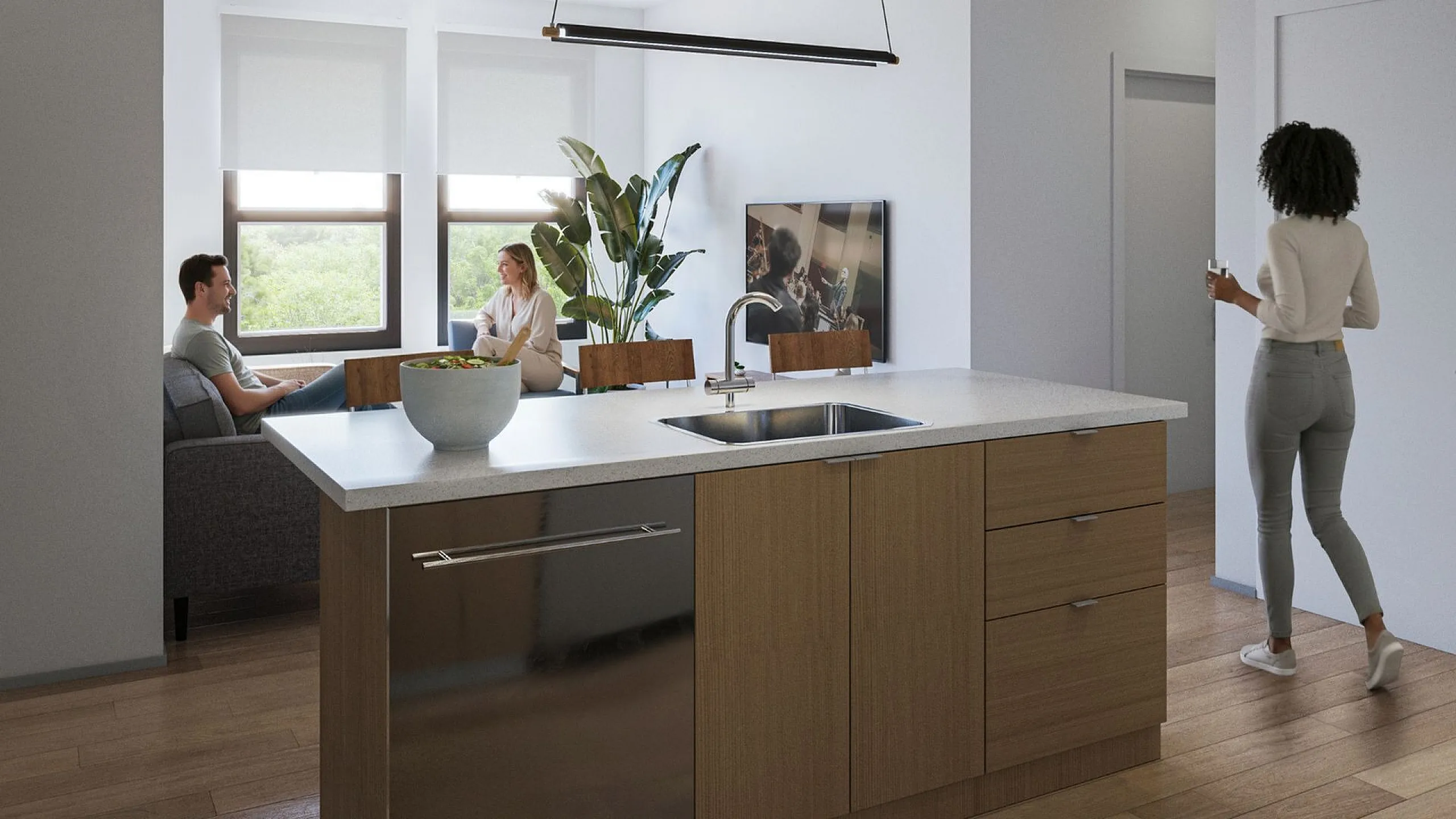 Inside apartment home kitchen and living room area