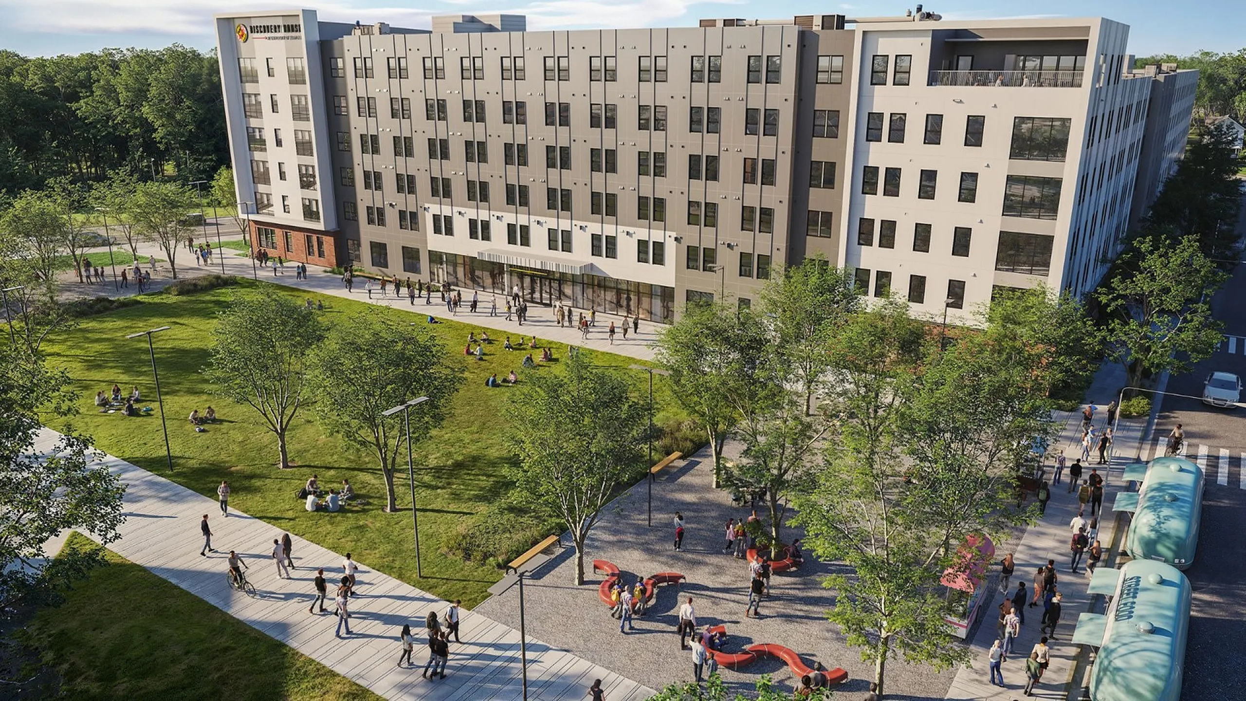 Vibrant urban apartment complex with lush green lawns, bustling pedestrian walkways, and modern playground, set against a backdrop of serene nature.