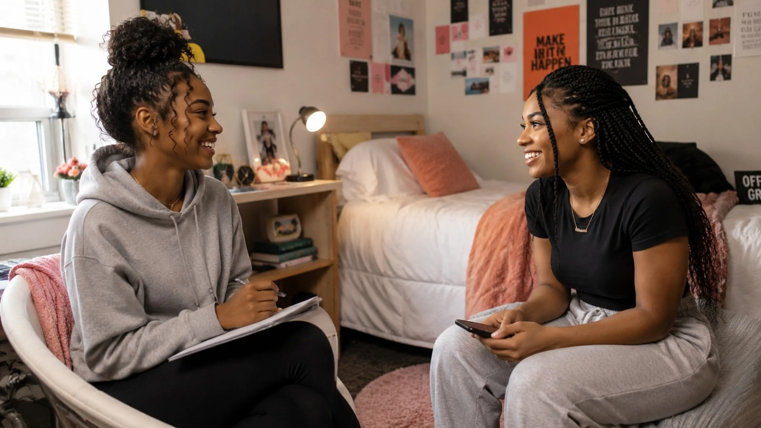 Cozy and inviting bedroom with stylish decor, featuring two friends enjoying a lively conversation.