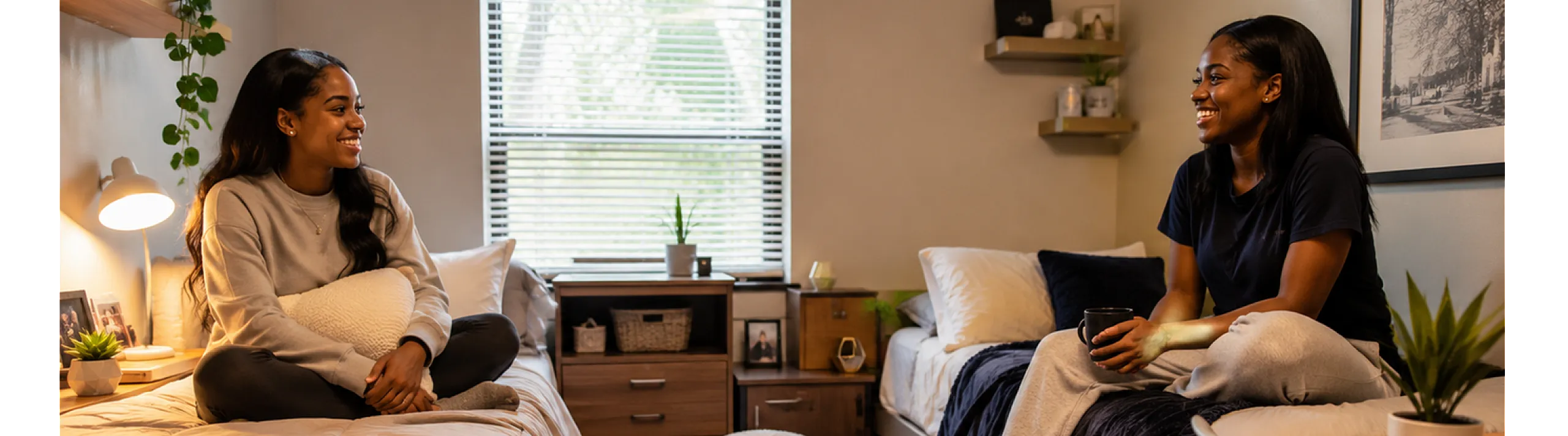 Cozy and inviting shared bedroom featuring warm decor, modern furnishings, and natural light.