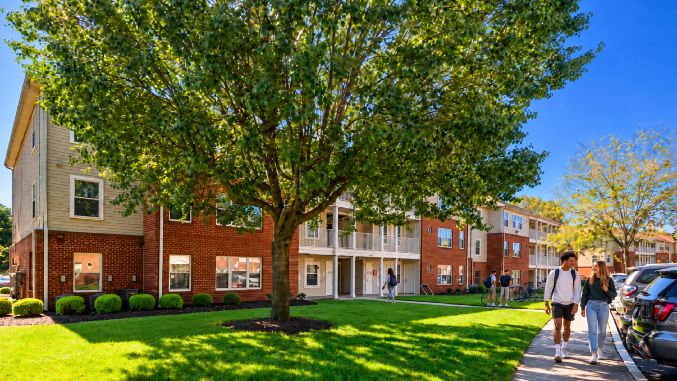 students walking outside university building