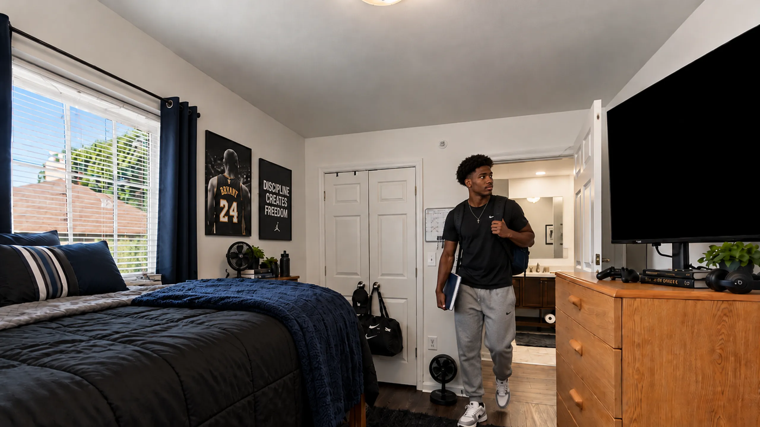 student walking into bedroom