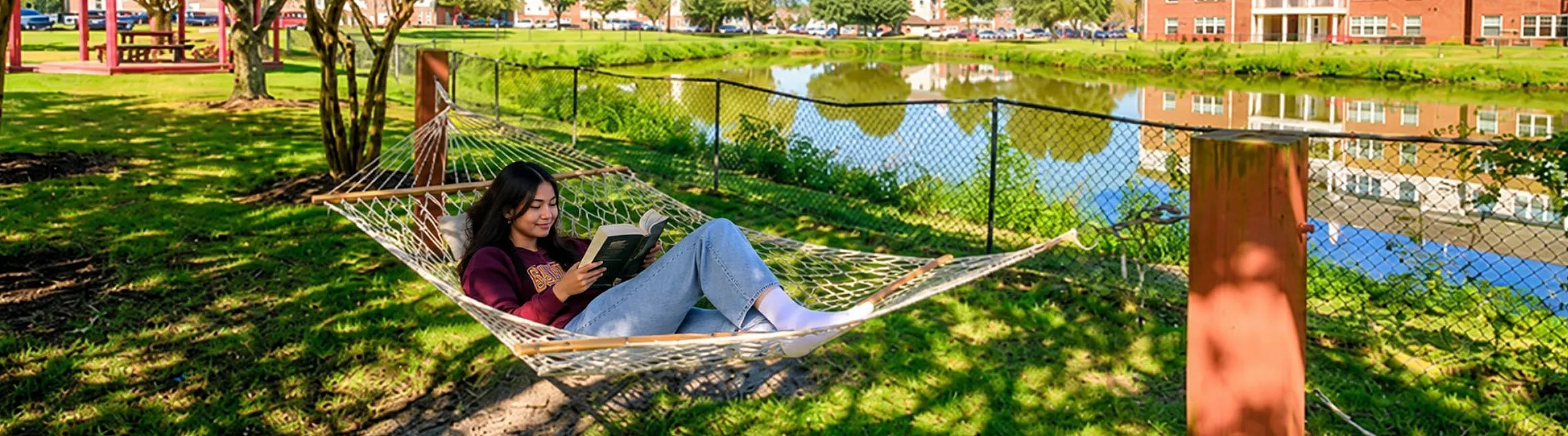 student in Hammock by Pond