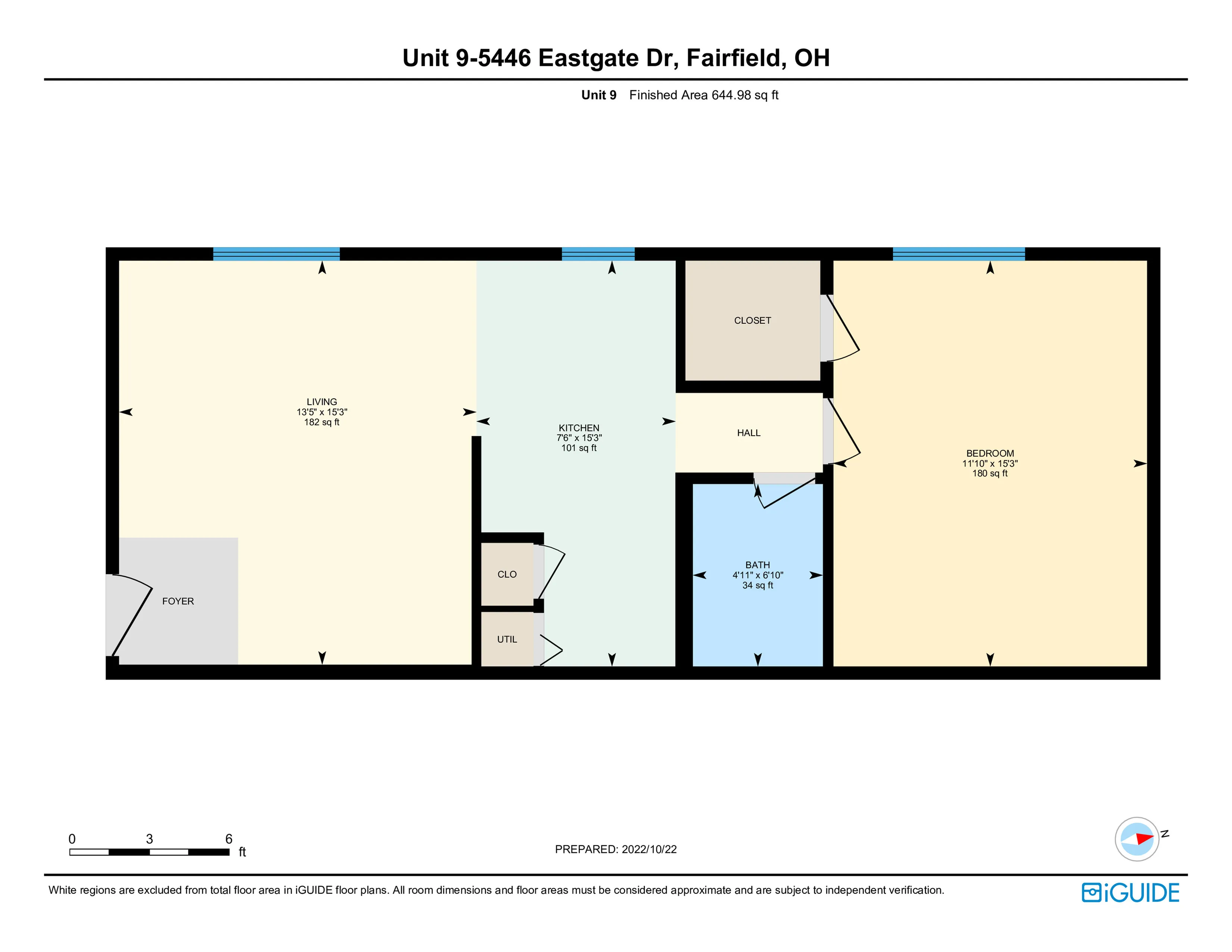 Detailed floor plan for Unit 9 at 5446 Eastgate Dr, Fairfield, OH showcasing one bedroom, living area, and kitchen.