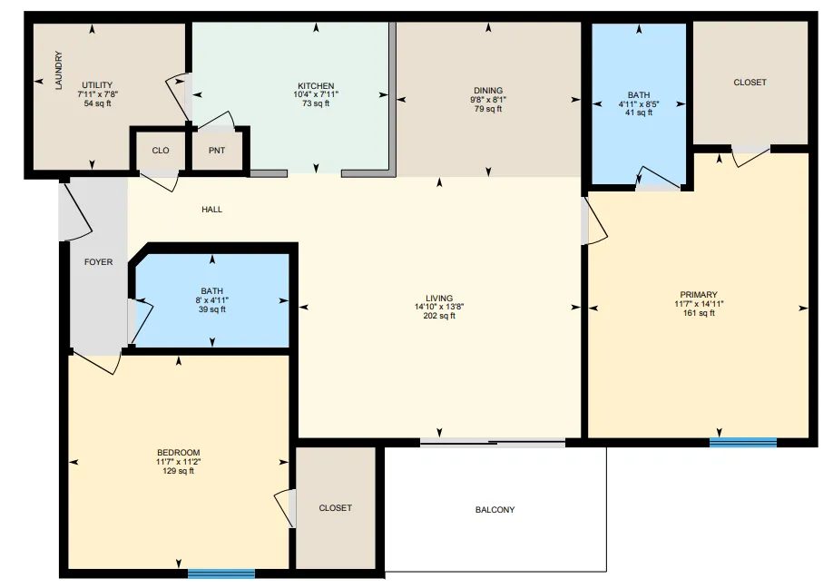 Floor plan showcasing 2 bedrooms, a large living room, functional kitchen, and dining area with utility space.