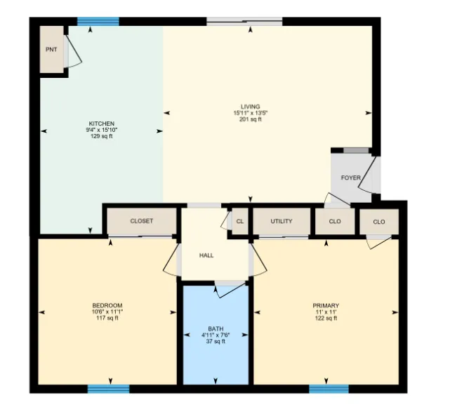 Charming 2D floor plan featuring a spacious living room, modern kitchen, two cozy bedrooms, and ample storage space.