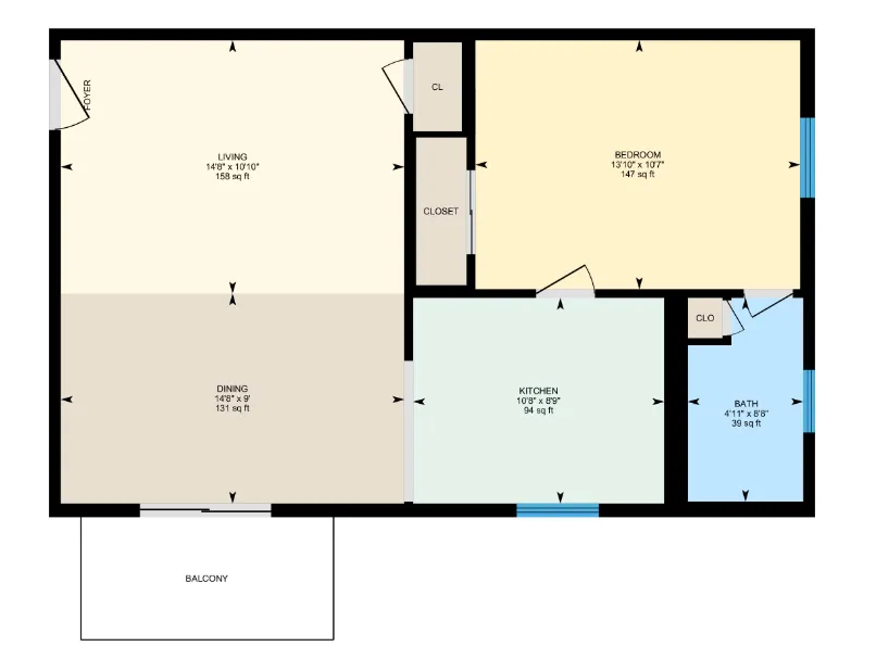 Inviting floor plan showcasing a spacious living area, cozy bedroom, modern kitchen, dining space, and bath, with a charming balcony for relaxation.