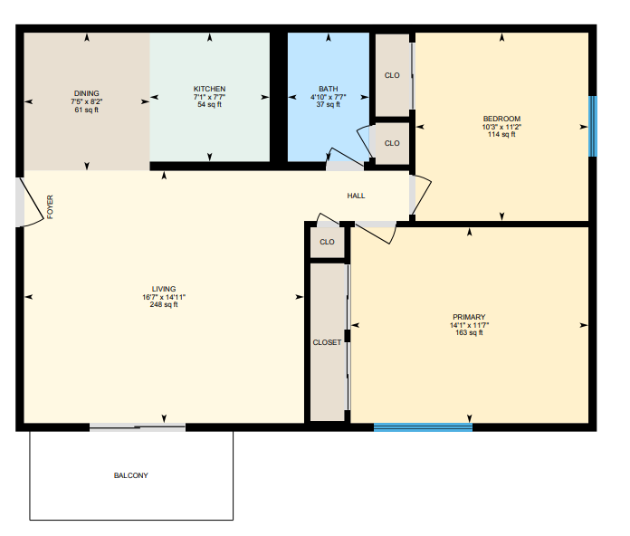 Charming floor plan featuring a primary and secondary bedroom, bright living area, compact kitchen, and dining room with access to a balcony.