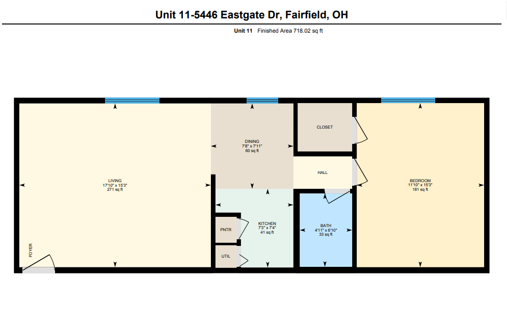 Inviting floor plan of Unit 11 at 5446 Eastgate Dr, Fairfield, OH, boasting a spacious living room, cozy bedroom, functional kitchen, and dining area within 718.02 sq ft.