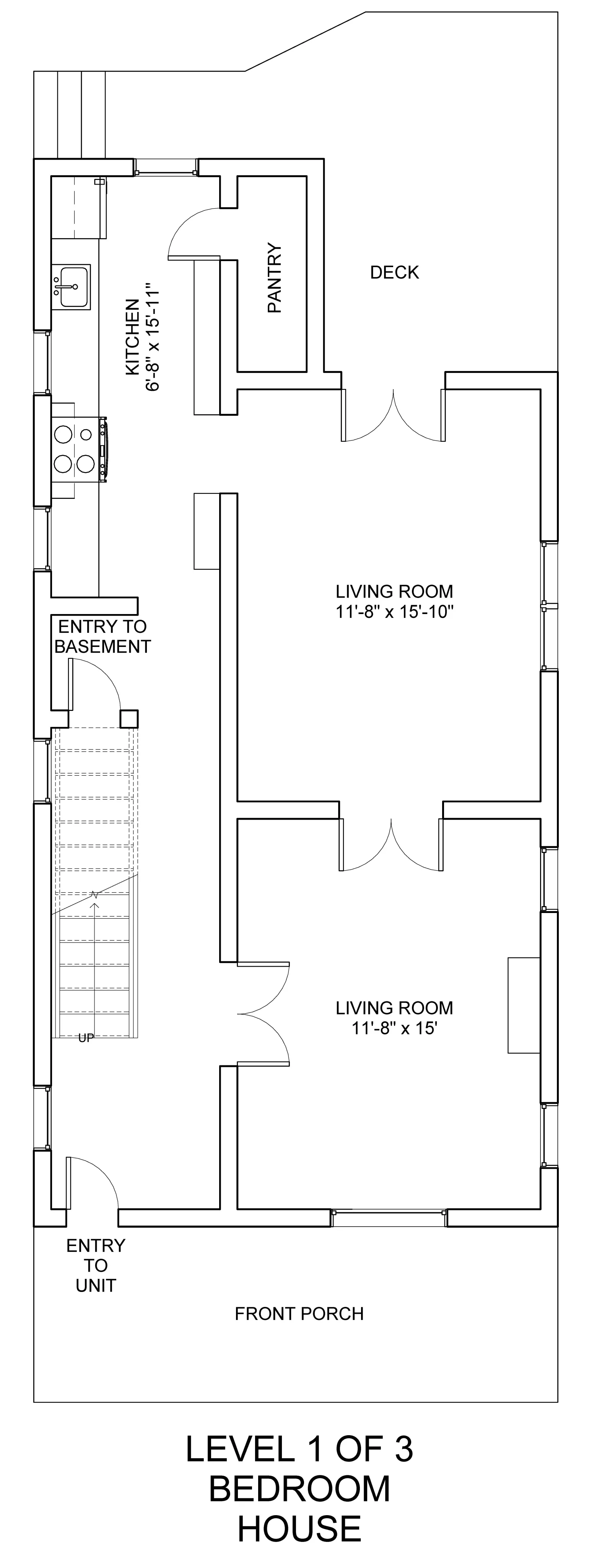 Inviting floor plan of a 3-bedroom house featuring a spacious living room, modern kitchen with pantry, and expansive deck, all linked to a charming front porch.