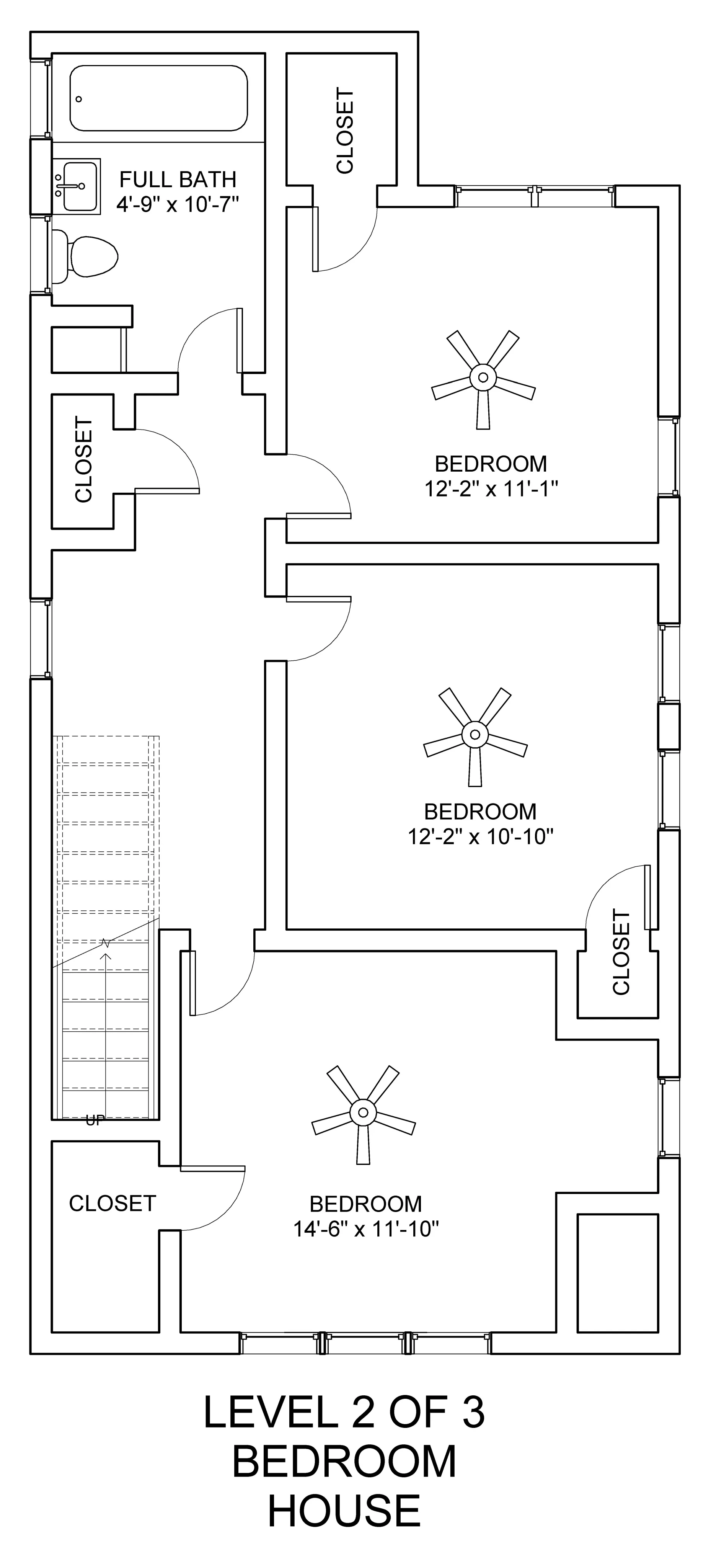 Elegant floor plan of a three-bedroom house, featuring two cozy bedrooms and a spacious master bedroom on the second level, all with convenient closet space and a full bath for utmost comfort.