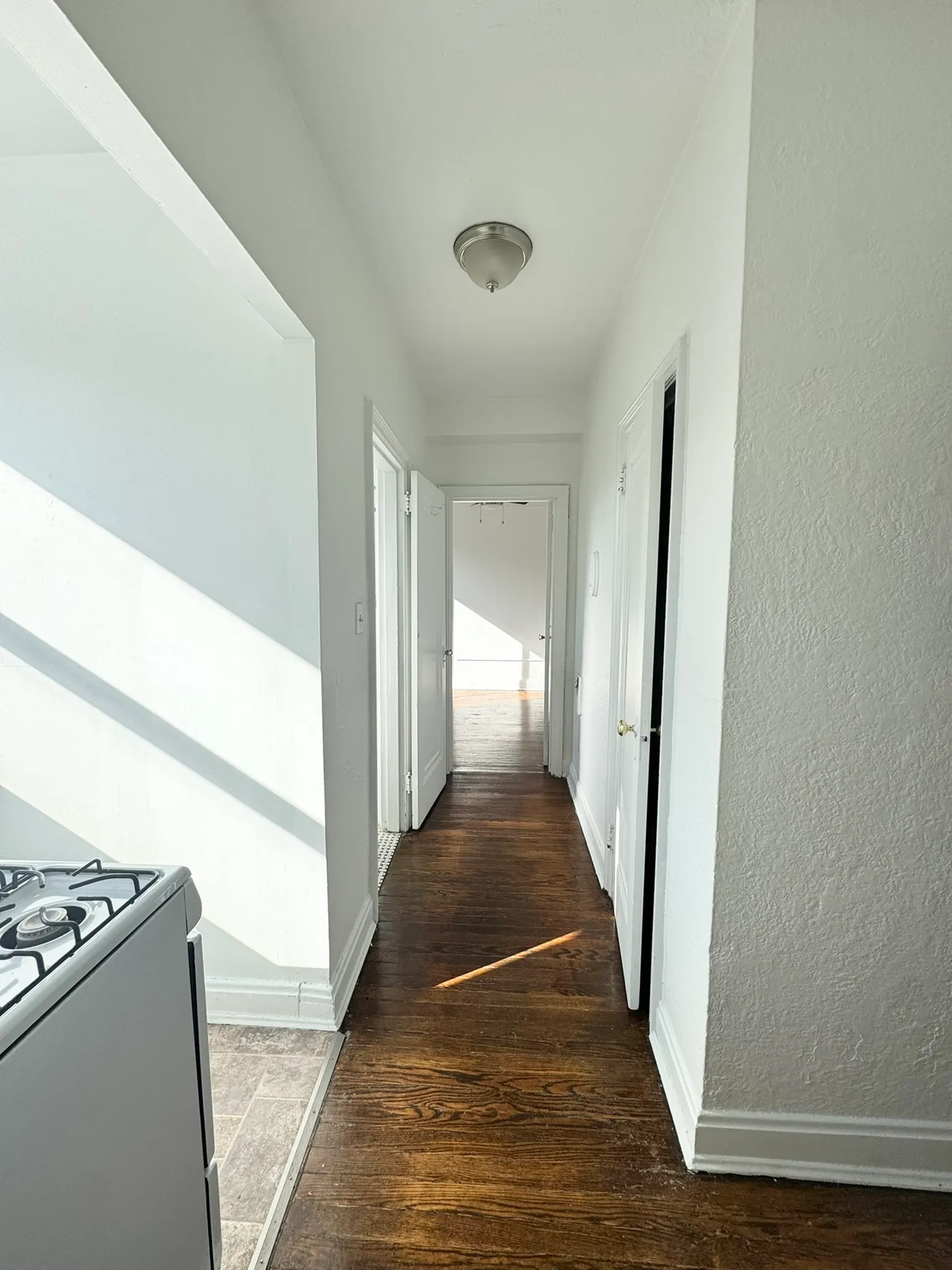 Charming hallway with natural light, featuring rich wooden floors and inviting white walls in a cozy apartment.