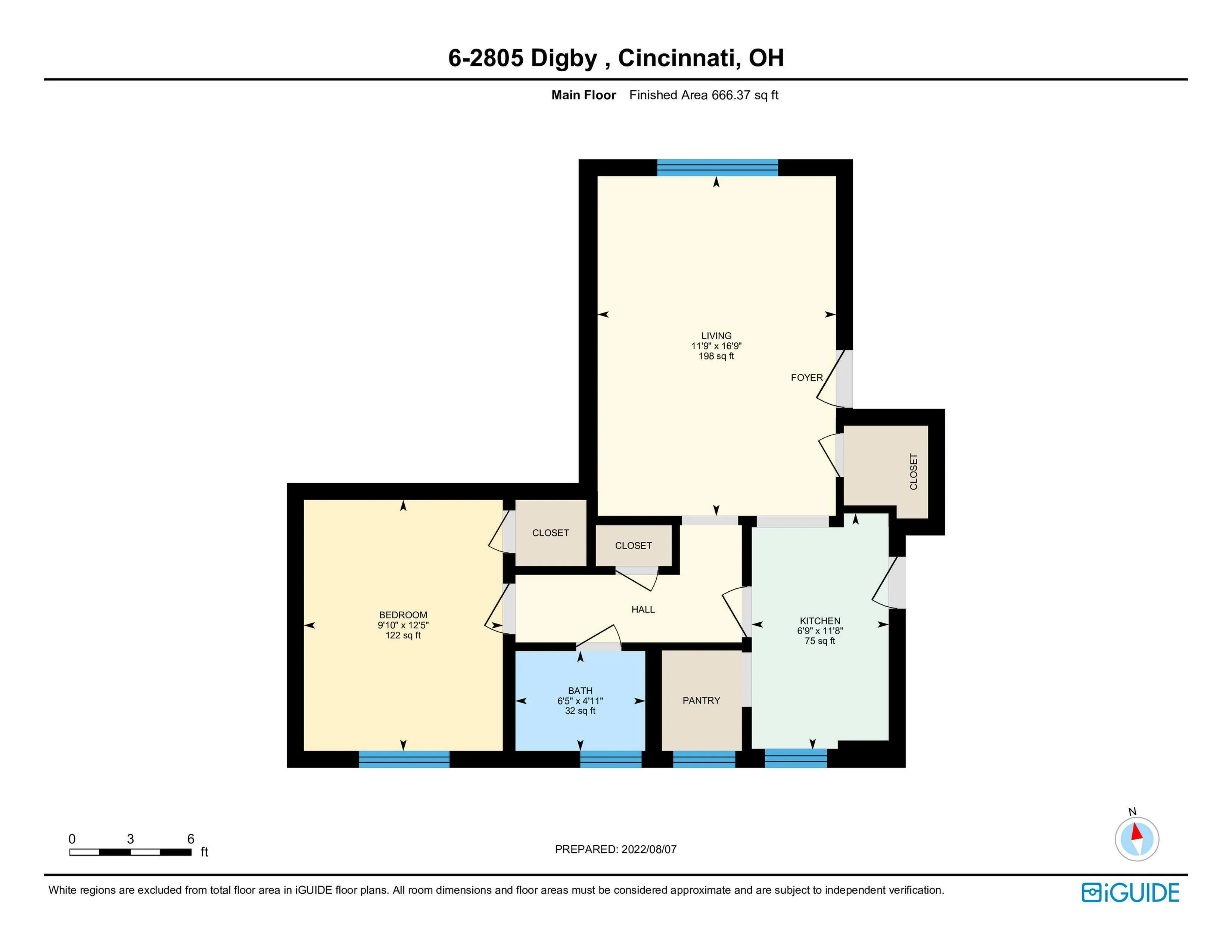 Modern floor plan of a Cincinnati apartment featuring 1 bedroom, spacious living area, functional kitchen, and cozy bath, totaling 666 sq ft.