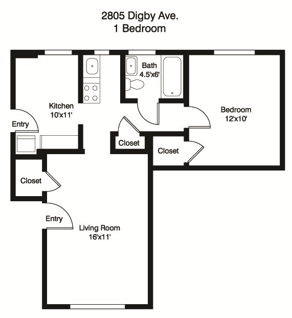 Charming 1-bedroom floor plan at 2805 Digby Ave featuring a spacious living room, functional kitchen, and cozy bath with ample closet space.