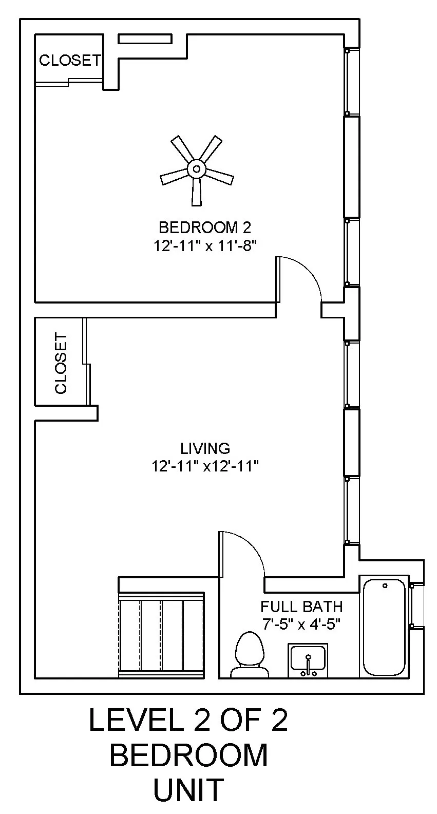 Charming Level 2 floor plan featuring Bedroom 2 with ample closet space, a cozy living area, and a full bath.