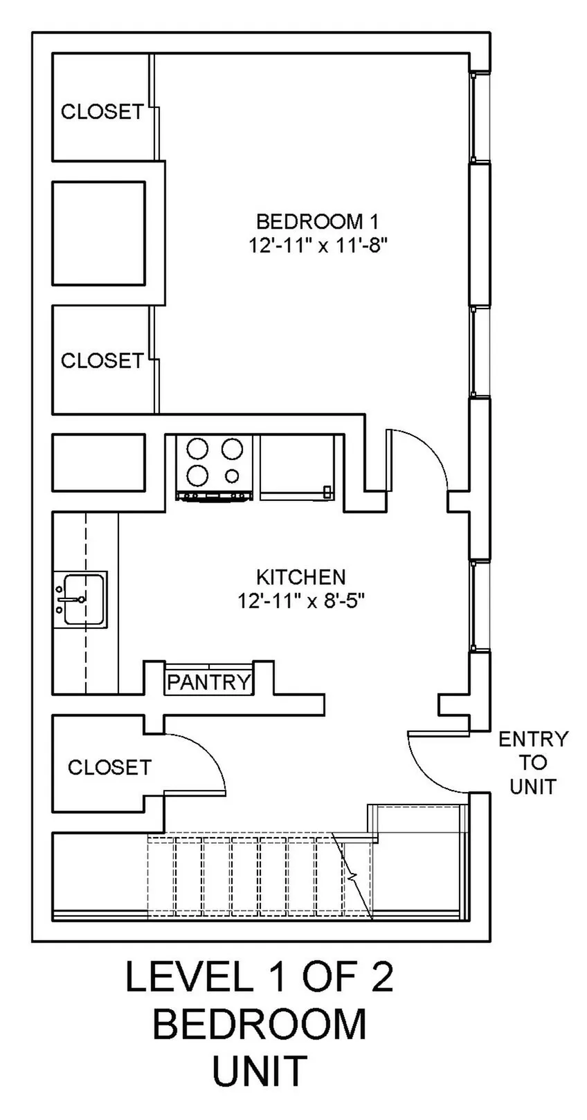 Elegant floor plan showcasing one level of a two-bedroom unit with a spacious bedroom, functional kitchen, and ample closet space.