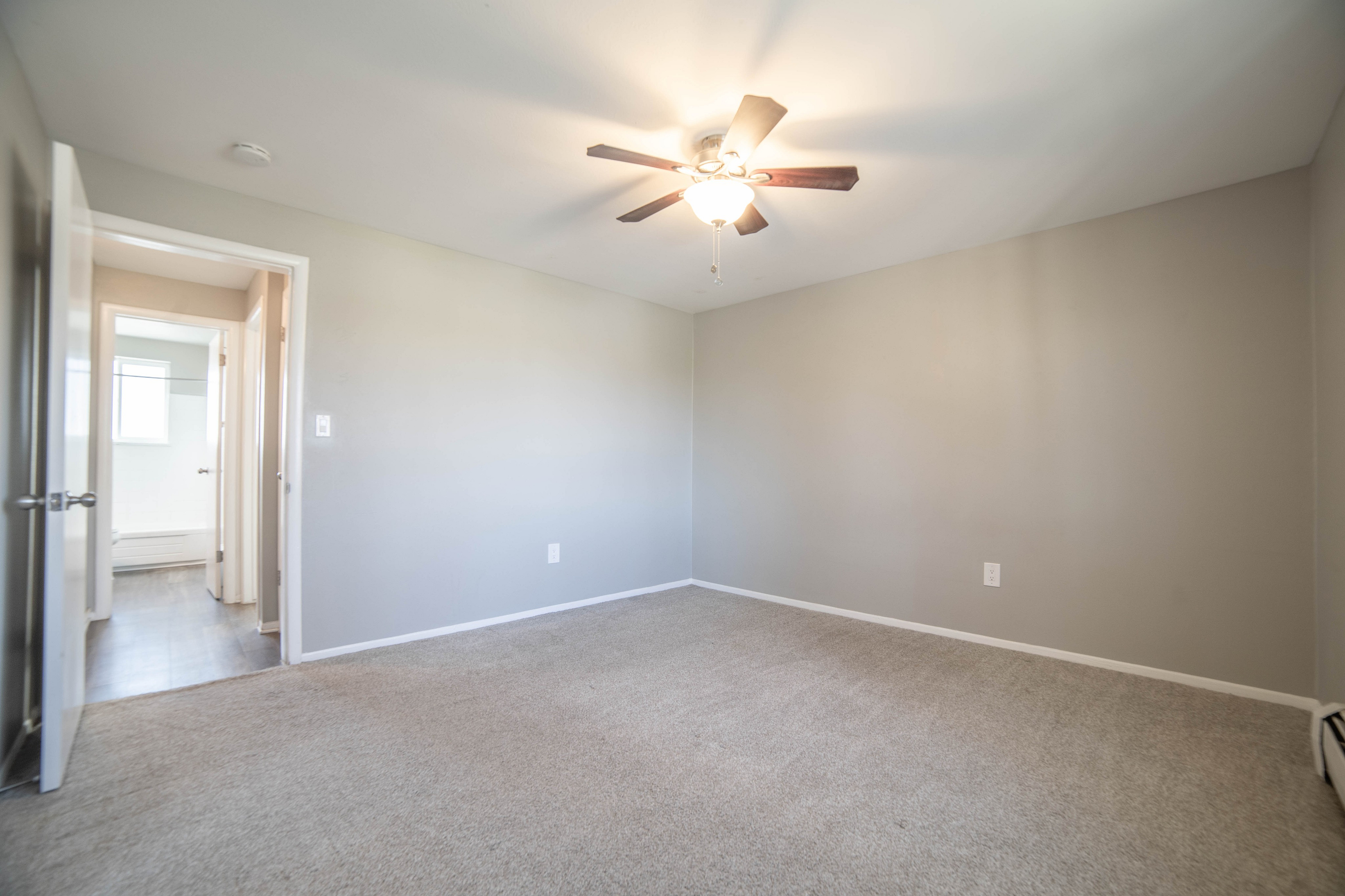 Bright and spacious bedroom with soft carpet flooring and modern ceiling fan, exuding comfort and style.